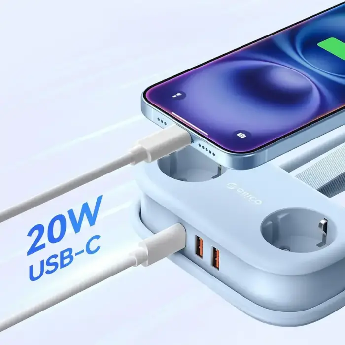 Orico AP3 20W GaN 5in1 Power Strip 2x AC + 2x USB-A + 1x USB-C - Blue Фото 2