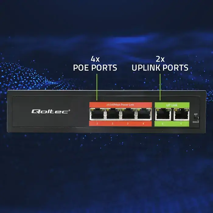 Qoltec FAST Ethernet PoE SWITCH | 4x RJ45 PoE | 2x RJ45 Uplink | 65W | 10/100 Mb/s Фото 7