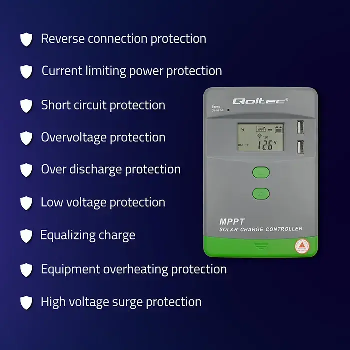 Qoltec Solar Charge Controller MPPT with Temperature Sensor 20A | 12V / 24V | LCD | 2 x USB | GEL | LiFePO4 Фото 9