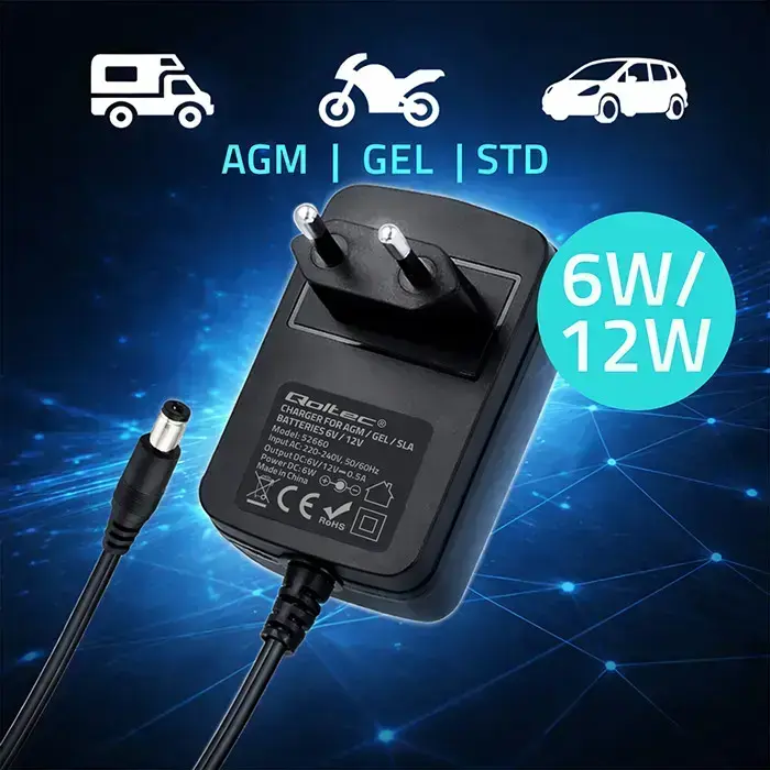 Qoltec Automatic charger for AGM GEL STD batteries | 6V/12V charger | 6W | 5.5x2.1 | 1.8m cable Photo 2