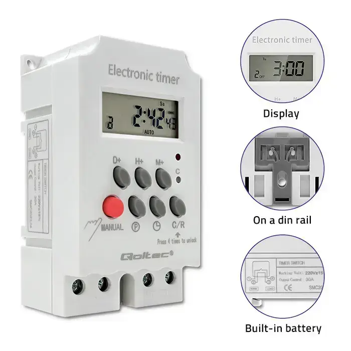 Qoltec Electronic timer PC0629 for DIN rail | LCD Foto 5