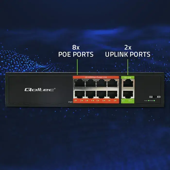 Qoltec FAST Ethernet PoE SWITCH | 8x RJ45 PoE | 2x RJ45 Uplink | 120W | 10/100 Mb/s Foto 7