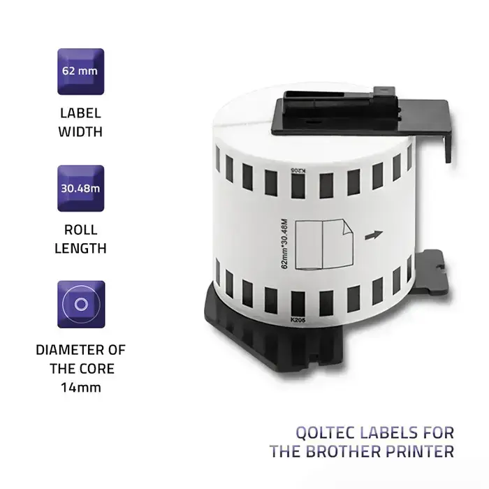 Qoltec Tape for BROTHER DK-22205 | 62mm x 30.48m | White / Black overprint | Roller with handle Photo 2