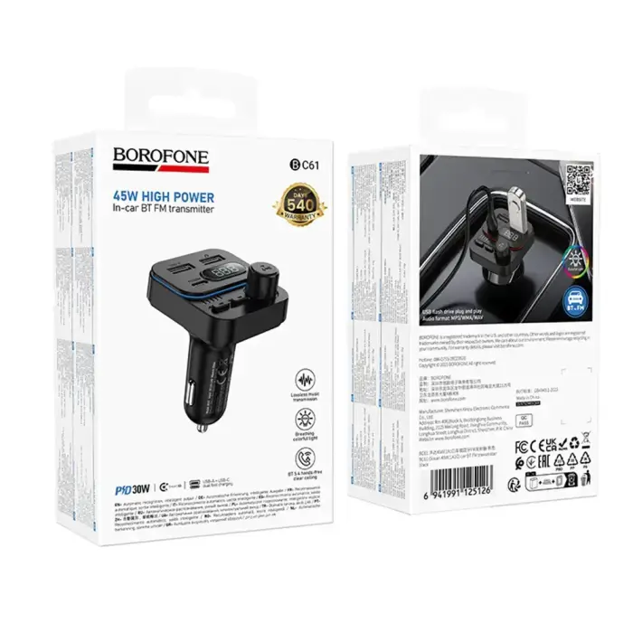 Borofone Transmitter FM BC61 Ocean MP3, Bluetooth - 2xUSB + Type C - PD 45W black Фото 9