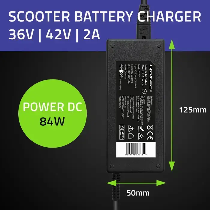 Qoltec Charger for electric scooter, e-bike 84W | 36V | 42V | 2A | 8.0*8.0+pin | +power cable Фото 3