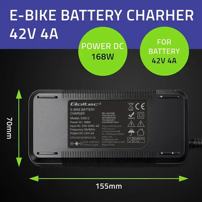 Qoltec Fast Charger for e-bike, electric scooter 36V | 42V | 4A | 5.5*2.1 + power cable Foto 4