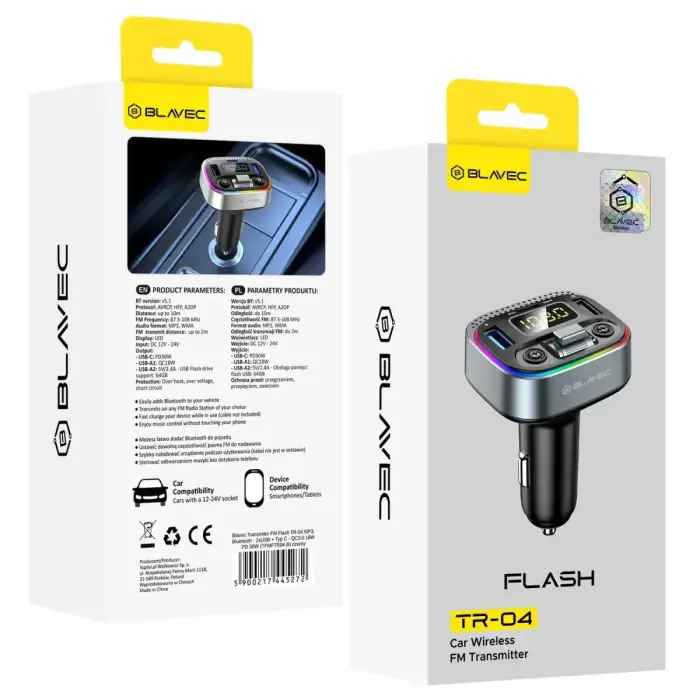Blavec FM Transmitter Flash TR-04 MP3, Bluetooth - 2xUSB + Type C - QC3.0 18W PD 30W (TFMFTR04-B) black Фото 4
