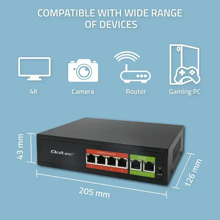 Qoltec FAST Ethernet PoE SWITCH | 4x RJ45 PoE | 2x RJ45 Uplink | 65W | 10/100 Mb/s Фото 2