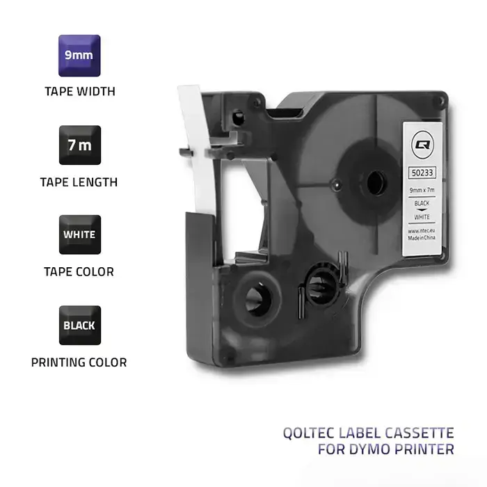 Qoltec Tape for DYMO D1 40913 | 9mm x 7m | White / Black overprint Foto 2