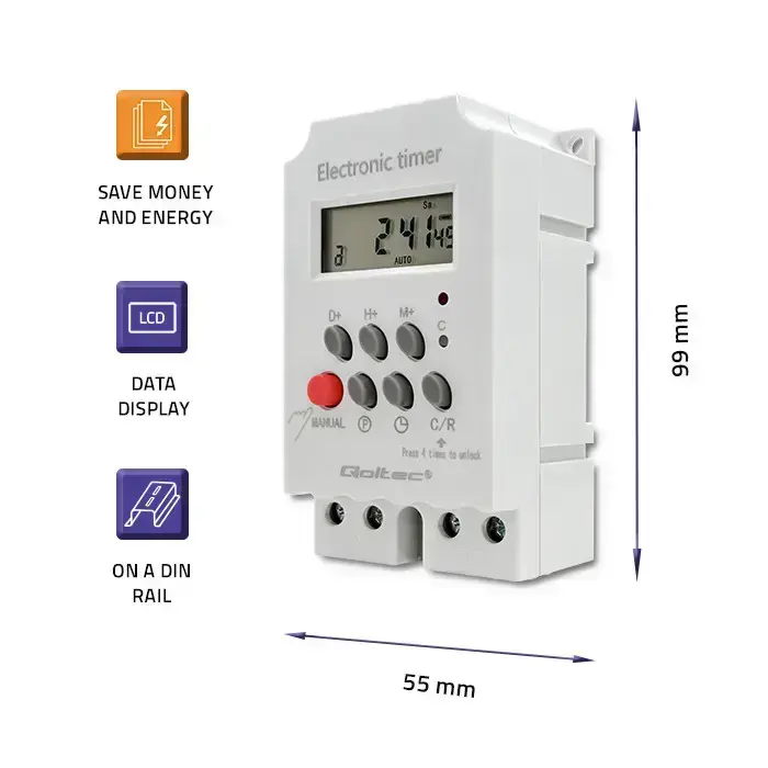Qoltec Electronic timer PC0629 for DIN rail | LCD Foto 3
