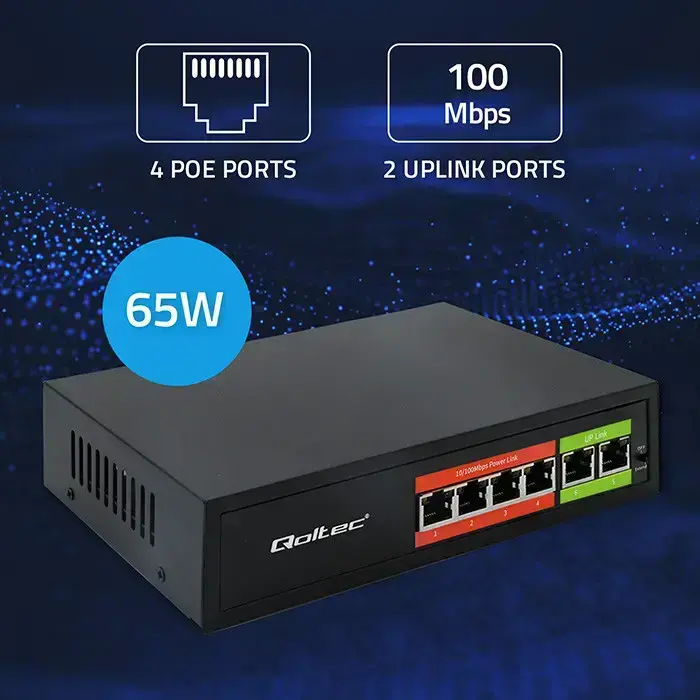 Qoltec FAST Ethernet PoE SWITCH | 4x RJ45 PoE | 2x RJ45 Uplink | 65W | 10/100 Mb/s Фото 3