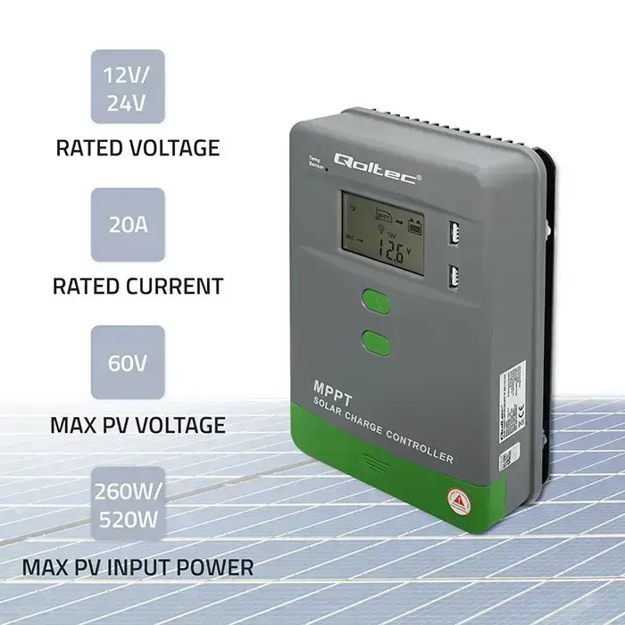 Qoltec Solar Charge Controller MPPT with Temperature Sensor 20A | 12V / 24V | LCD | 2 x USB | GEL | LiFePO4 Фото 2