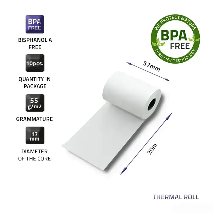 Qoltec Thermal roll 57 x 20 | 55g / m2 | 10 pcs. | BPA free Фото 2