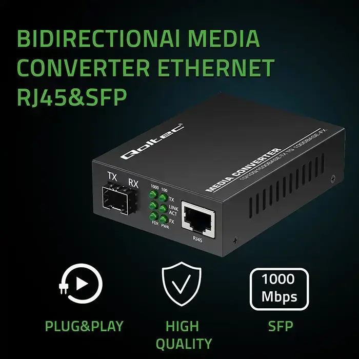 Qoltec Bidirectional Ethernet SWITCH Media Converter 1x RJ45 1x SFP| 1000Mbps | 5V Фото 2
