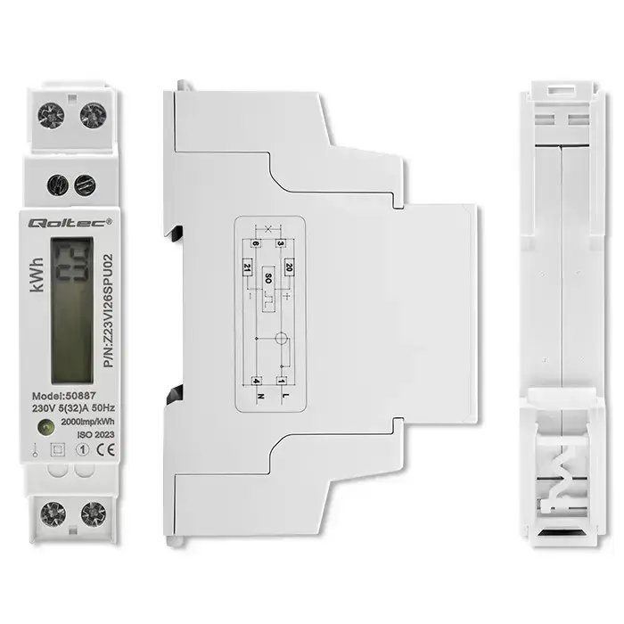 Qoltec Single-phase electronic energy meter | DIN rail | 230V | LCD | 1P | Slim Photo 3