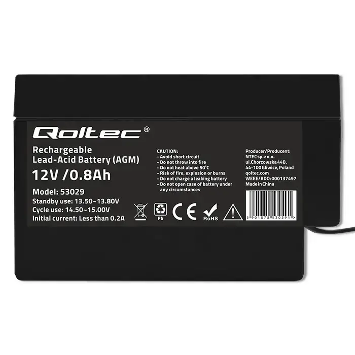 Qoltec AGM battery | 12V | 0.8Ah | Maintenance-free | Efficient| LongLife | for toys, vehicles Фото 10