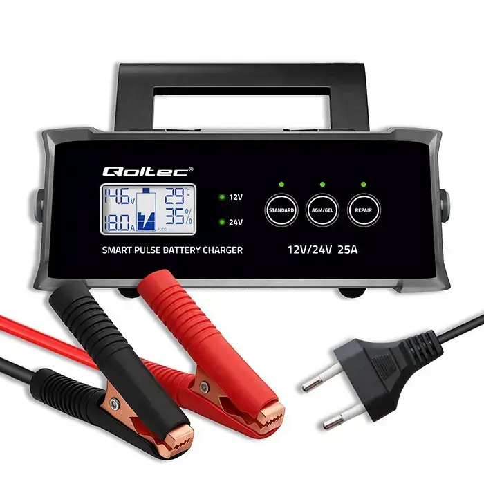 Qoltec Intelligent microprocessor charger 12V 24V 25A | Rectifier with repair function for AGM GEL SLA battery | LCD Фото 9