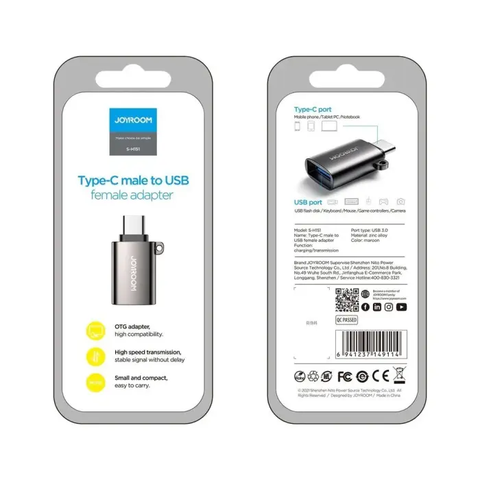 Joyroom USB 3.2 Gen 1 (Male) - USB Type C (Female) adapter black (S-H151 Black) Фото 5