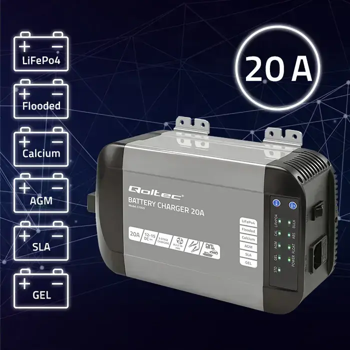Qoltec Smart Monolith charger for LiFePO4 AGM GEL SLA batteries | 20A | 12V Photo 3