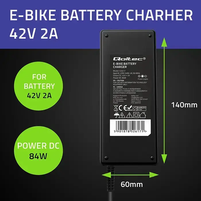 Qoltec Fast Charger for e-bike 36V | 42V | 2A | C14-IEC-3Pin +power cable Foto 6