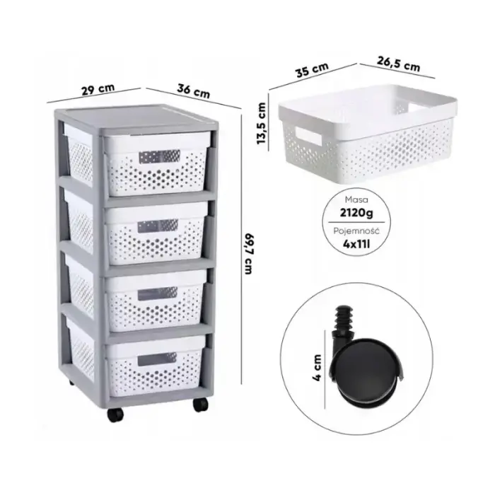 Chest of drawers on wheels with 4 perforated boxes 11L Infinity 30x36x69cm dark grey Photo 2