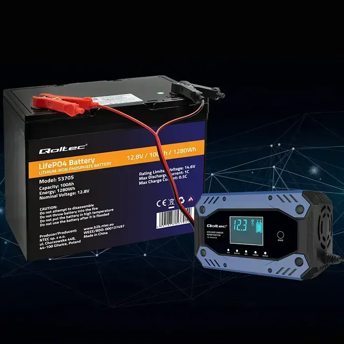 Qoltec Intelligent charger for STD AGM GEL LiFePO4 | Battery charger with repair function |12-24V |10A | LCD | 9 - stage charging Фото 6