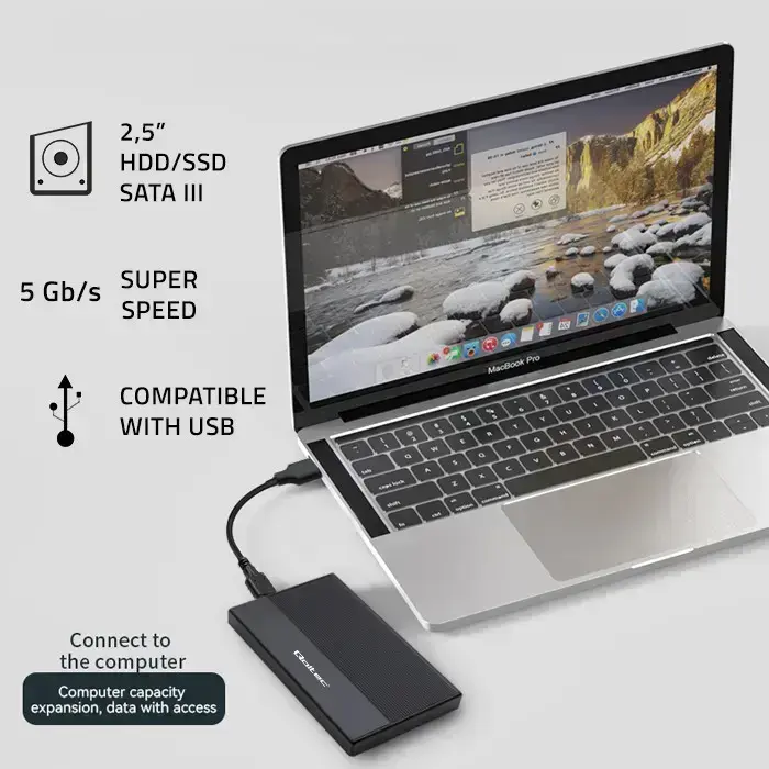 Qoltec Aluminium Enclosure | SSD HDD 2.5'' drive | SATA | USB 3.0 | Super speed 5Gb/s | 2TB | Black Foto 2