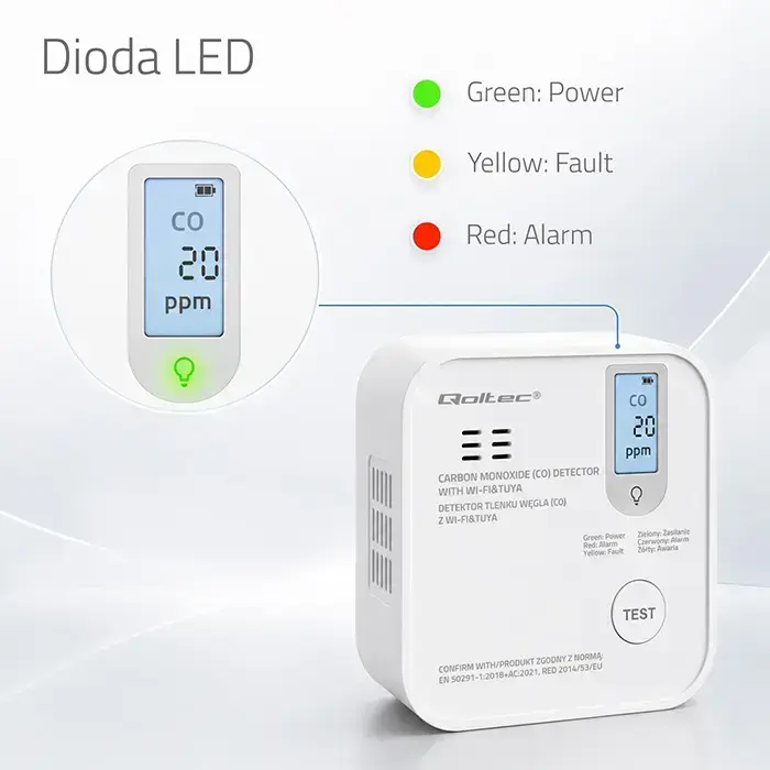 Qoltec Certified wireless Carbon monoxide (CO) sensor with battery | CO detector | TUYA | Wi-Fi | sensor service life 10-years | 85dB alarm | LED Foto 2