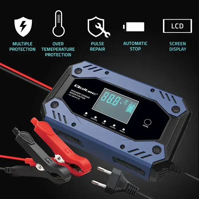 Qoltec Intelligent charger for STD AGM GEL LiFePO4 | Battery charger with repair function |12-24V |10A | LCD | 9 - stage charging Фото 3