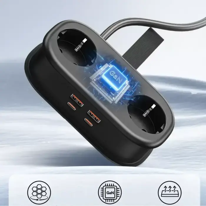 Orico AP3 20W GaN 5in1 Power Strip 2x AC + 2x USB-A + 1x USB-C - Black Фото 4