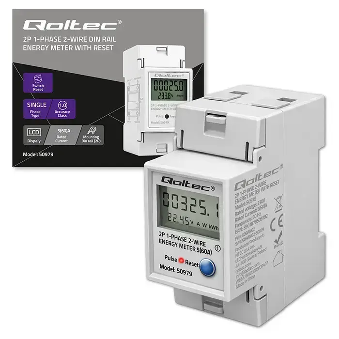 Qoltec Single-phase electronic energy consumption meter for DIN rail | RESET | periodic and continuous meter | 230V | 60A | LCD | LED | 2P Foto 15
