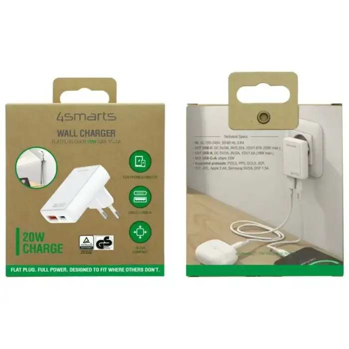 Wall Charger 4smarts FlatPlug Duos 20W GaN USB-C + USB-A white Foto 7