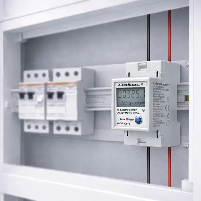 Qoltec Single-phase electronic energy consumption meter for DIN rail | RESET | periodic and continuous meter | 230V | 60A | LCD | LED | 2P Foto 4