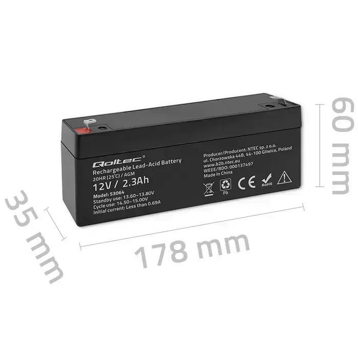 Qoltec AGM battery | 12V | 2.3Ah | Maintenance-free | Efficient| LongLife | for UPS, scale, cash register Фото 8