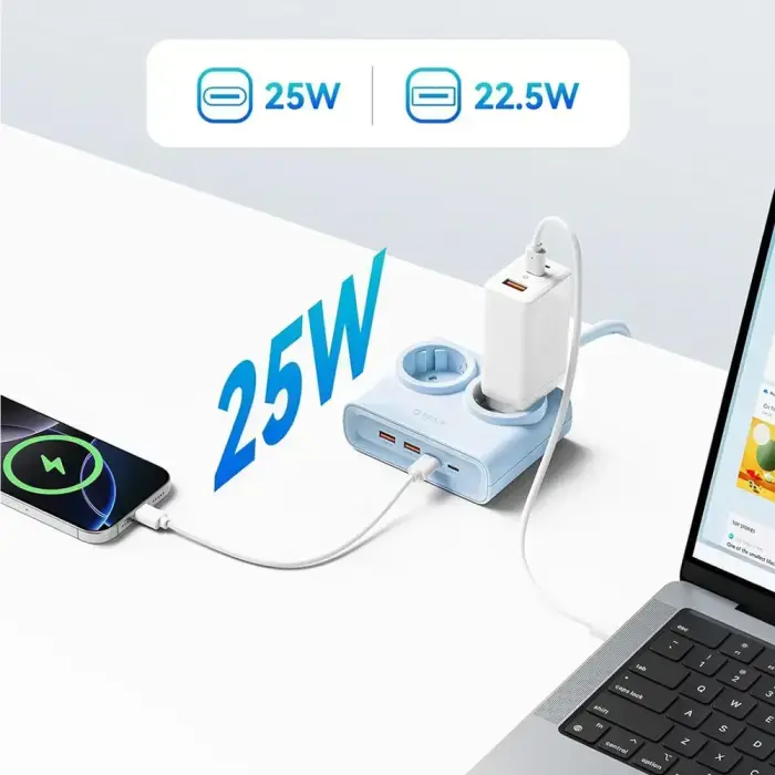 Orico PDC25 25W 6in1 Power Strip 2x AC + 2x USB-A + 2x USB-C - Blue Photo 5