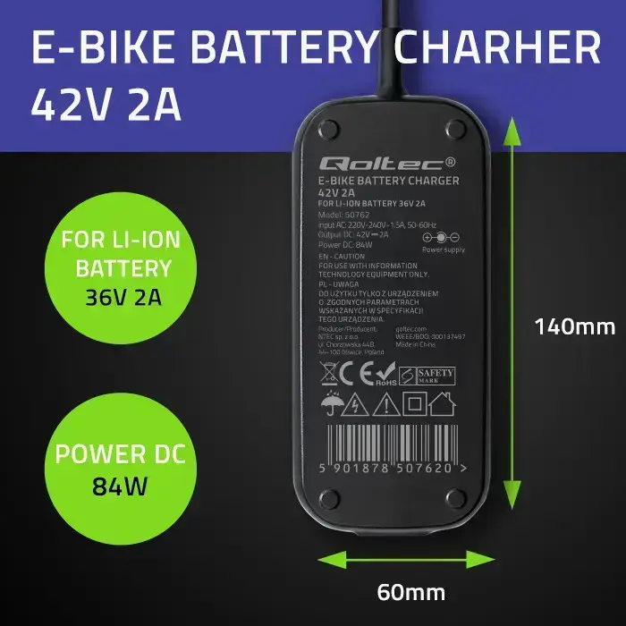 Qoltec Fast Charger for e-bike Bosch 36V | 42V | 2A | Bosch plug | water resistant + power cable Foto 3