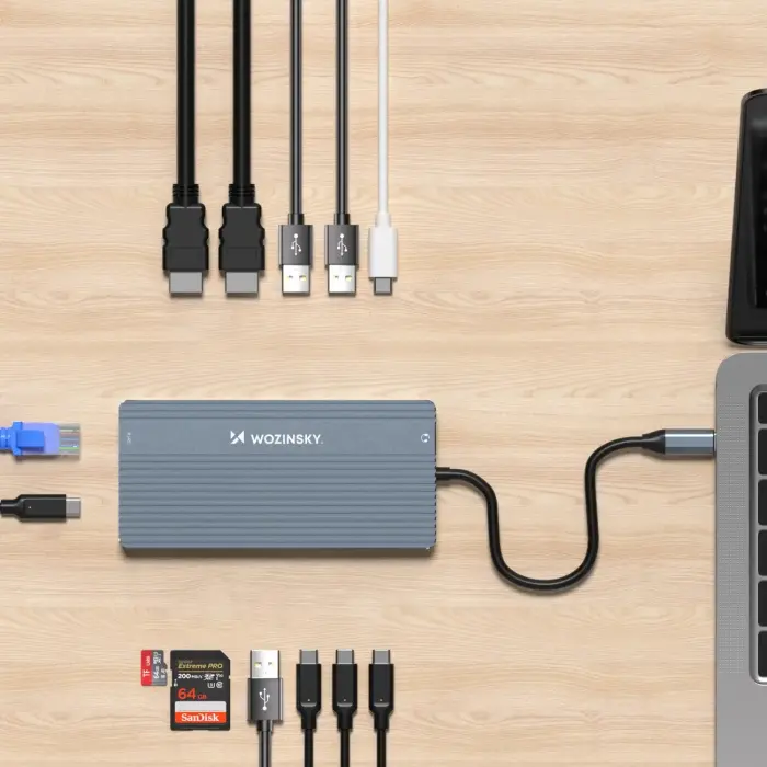 USB-C Hub 14 in 1 Wozinsky WDS03Y5S Multifunctional, Aluminum, for 3 Monitors, with 15 cm Cable - Gray Фото 4