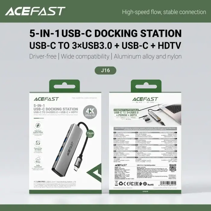 Acefast J16 USB Hub USB-C 5-in-1 HDMI 4K 60Hz PD90W Docking Station - Gray Фото 6
