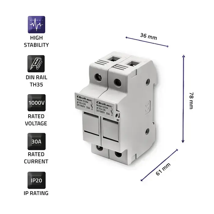 Qoltec Fuse base + DC fuse |2P |1000V |30A |10x38 |solar Foto 4