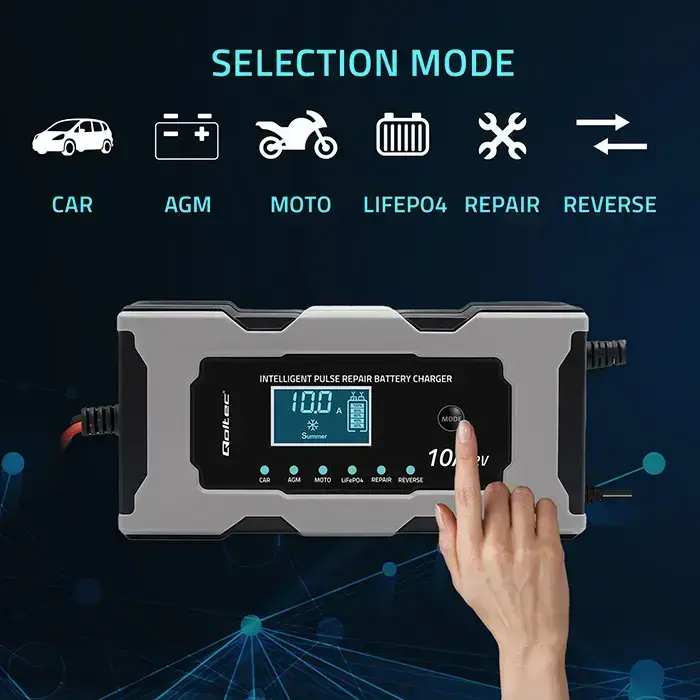 Qoltec Intelligent microprocessor charger 12V 10A | Rectifier with repair function for AGM GEL LiFePO4 battery | LCD Photo 2