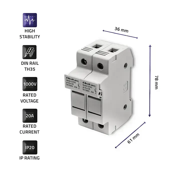 Qoltec Fuse base + DC fuse | 2P|1000V |20A |10x38 |solar Foto 4