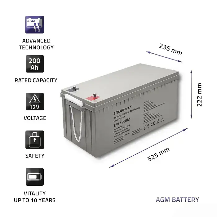 Qoltec AGM battery | 12V | 200Ah | 54.1kg | Maintenance-free | Strong | LongLife | for UPS, RV, boat, heater Foto 3