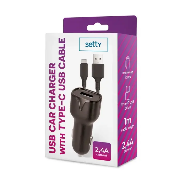 Setty car charger | 12W | USB-A | with USB-C cable included | black Photo 2