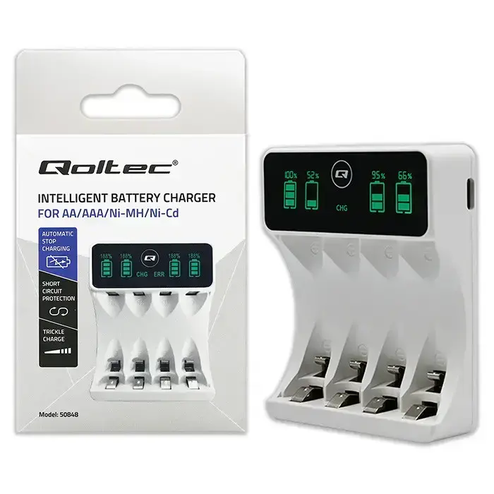 Qoltec Battery Charger for Ni-MH type R03 AAA R6 AA | LCD | USB-C cable | White  Photo 10
