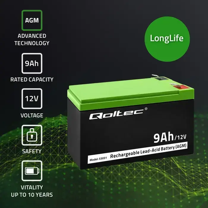 Qoltec AGM battery | 12V | 9Ah | Maintenance-free | Efficient| LongLife | for UPS, security Фото 3