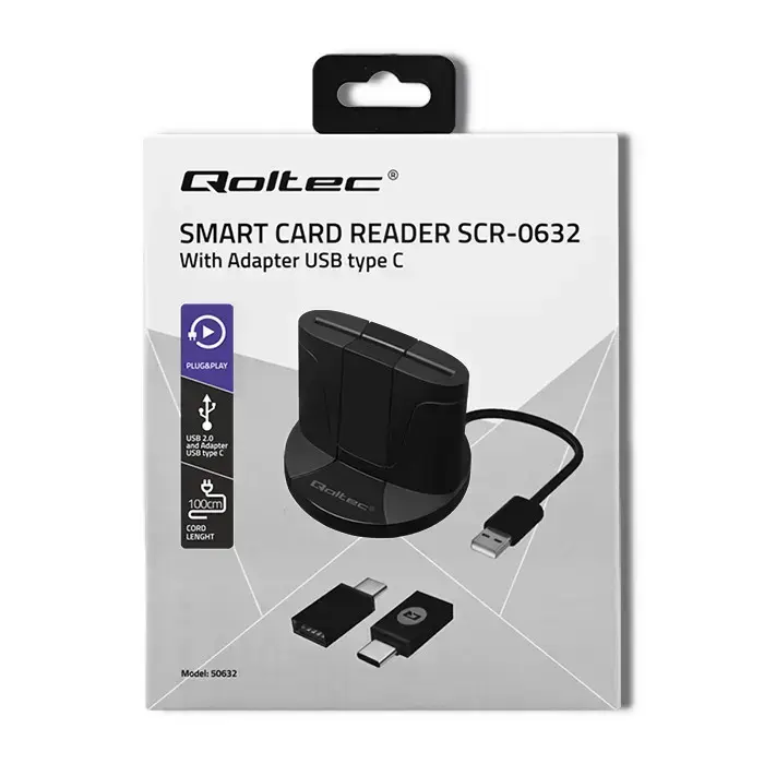 Qoltec Intelligent Smart ID chip card reader SCR-0632 | USB 2.0 + USB-C Adapter Foto 2