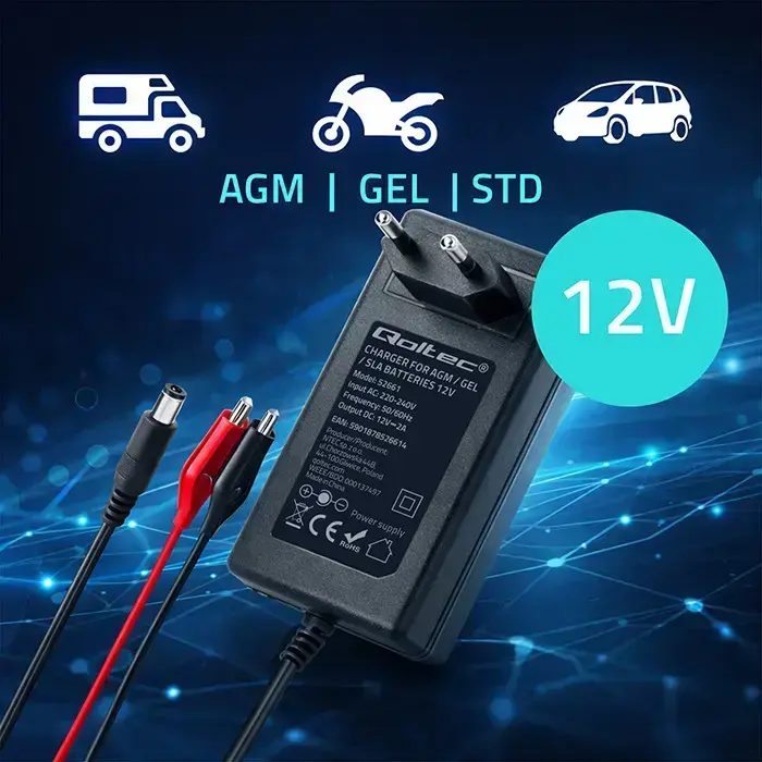 Qoltec Automatic charger for AGM GEL STD batteries | 12V charger | 2A | 24W | 5.5x2.1 | 1.8m cable Photo 2