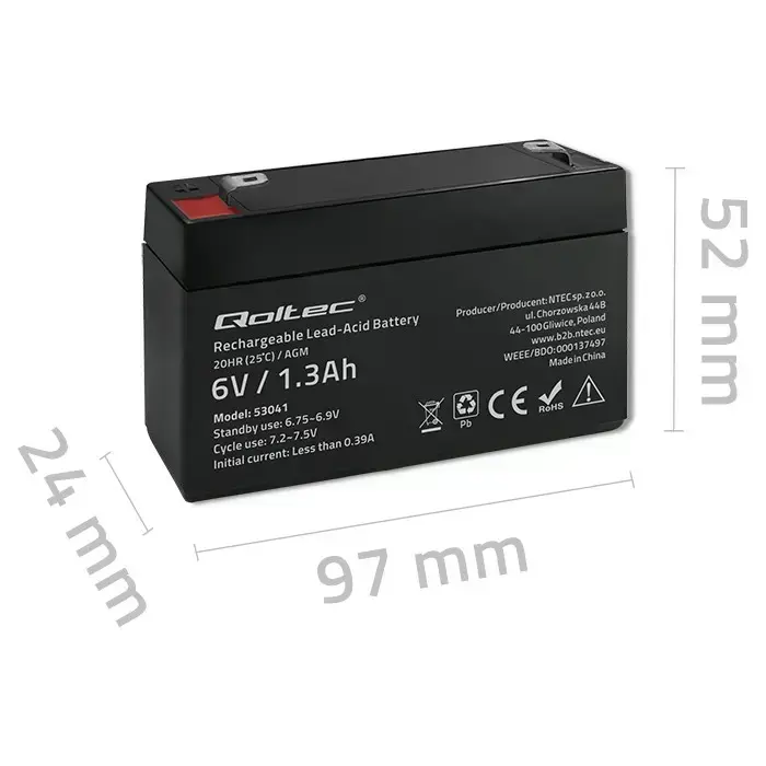 Qoltec AGM battery | 6V | 1.3Ah | Maintenance-free | Efficient| LongLife | for UPS, scale, cash register Фото 7