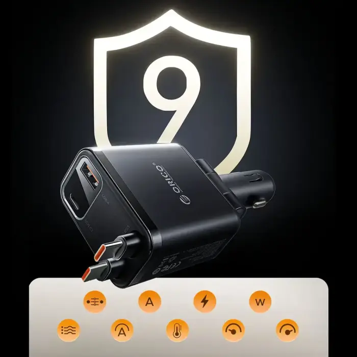Orico Twin Reach 45W USB-A + USB-C Car Charger with Two Retractable USB-C Cables - Black Foto 13