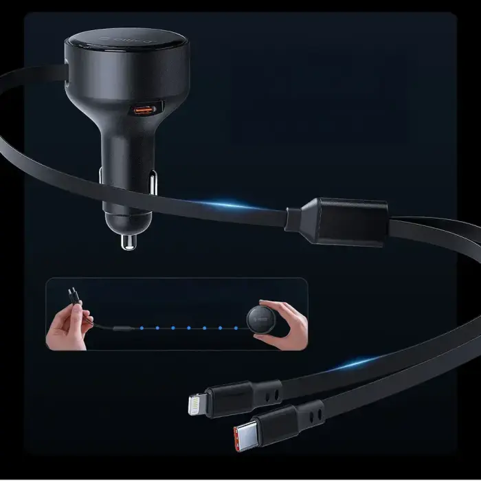 Orico Dual Stretch 60W USB-C Car Charger with Two Retractable USB-C + Lightning Cables - Black Foto 5